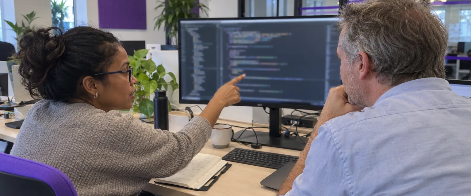 Deux développeurs relisent du code ensemble