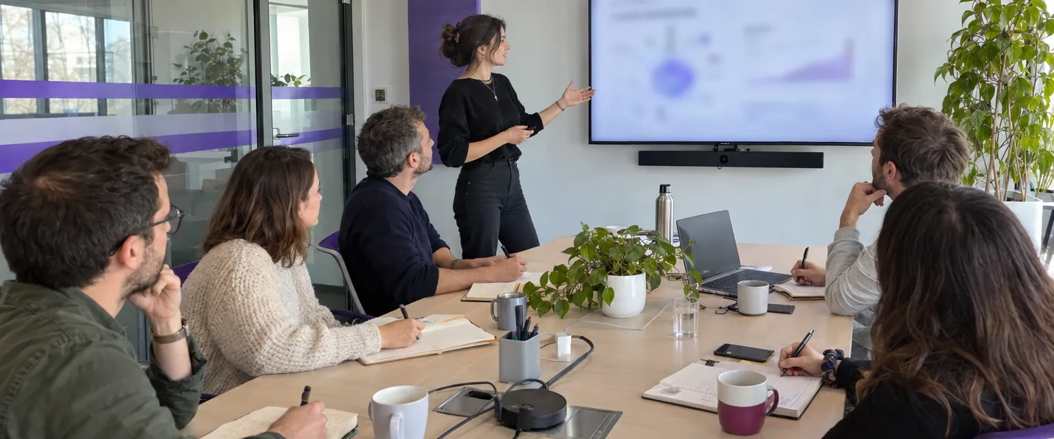 A meeting in a bright conference room