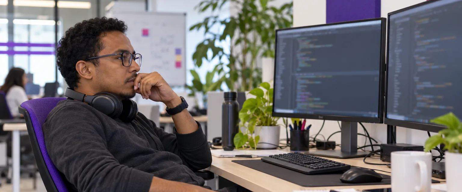 A developer in front of two monitors