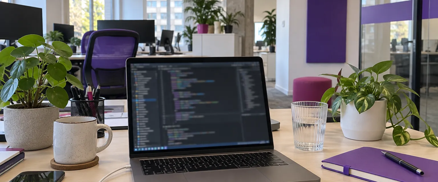 Ordinateur portable affichant du code sur un bureau clair