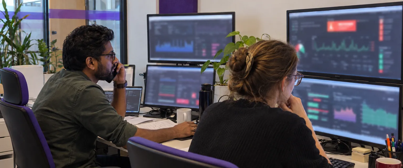 Engineers watching several monitoring screens