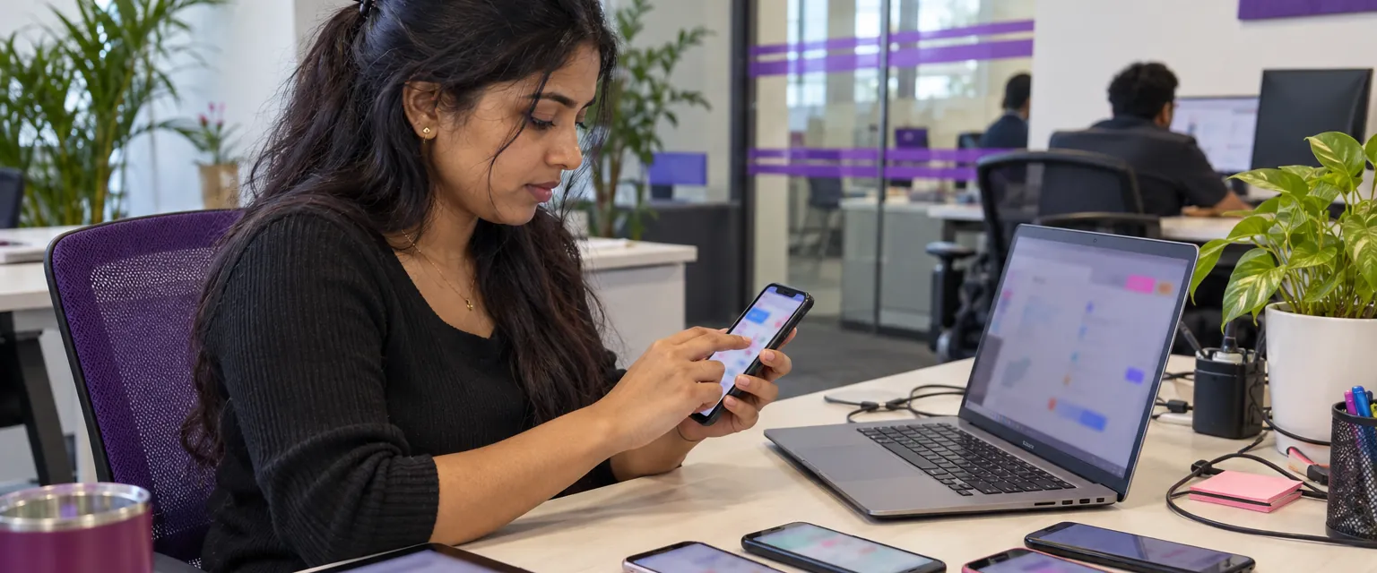 Une testeuse vérifie une application sur plusieurs appareils