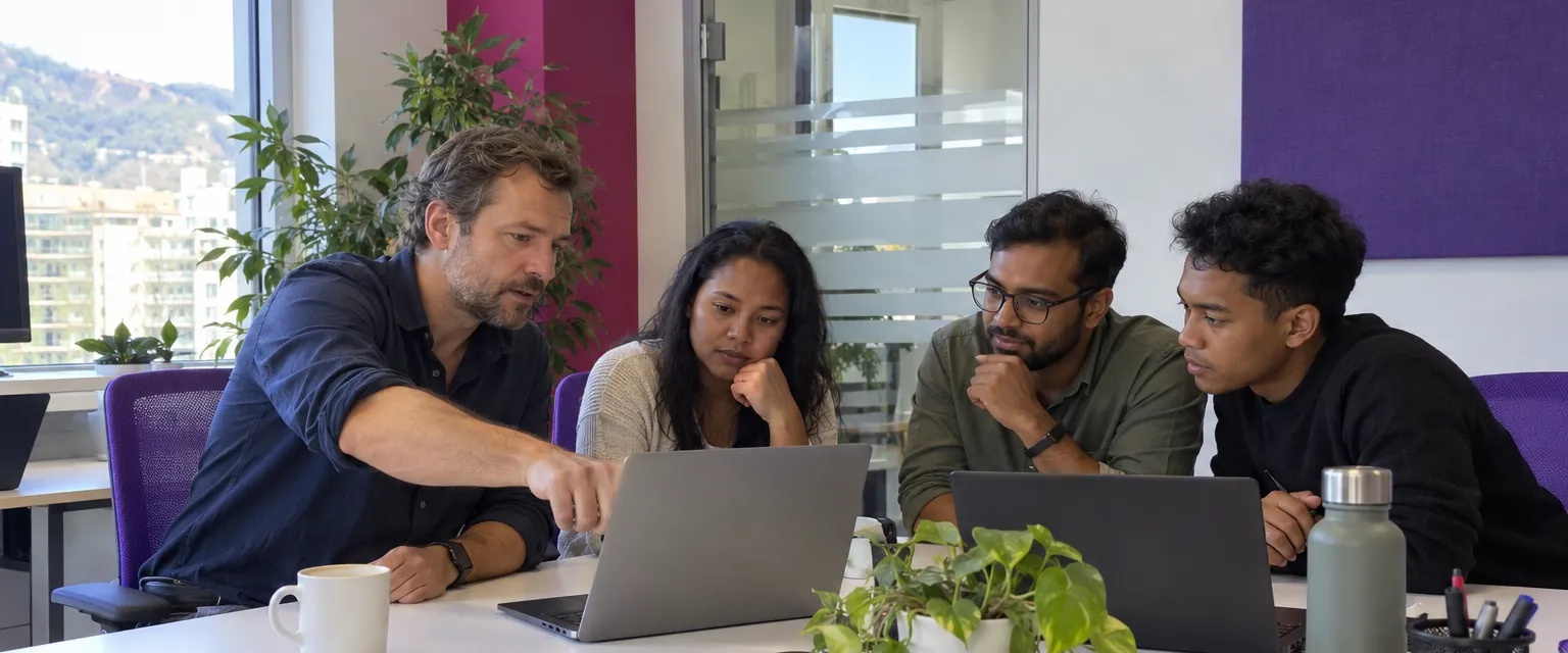 Une équipe réunie autour d’ordinateurs portables dans un bureau lumineux