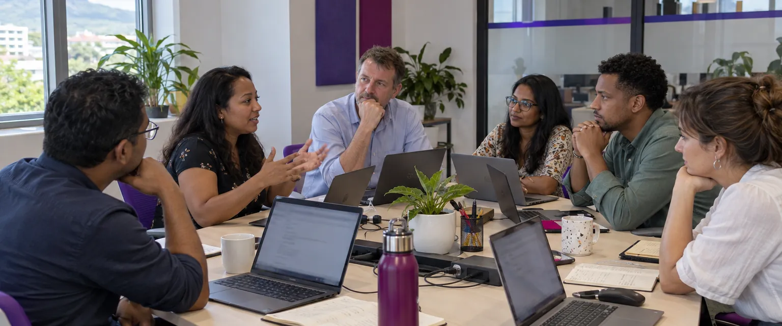 Team meeting around a table with laptops