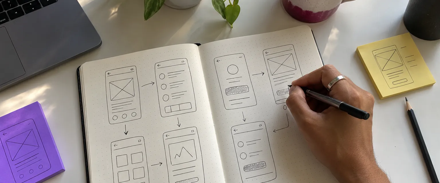 Croquis d’écrans d’application dessinés à la main dans un carnet